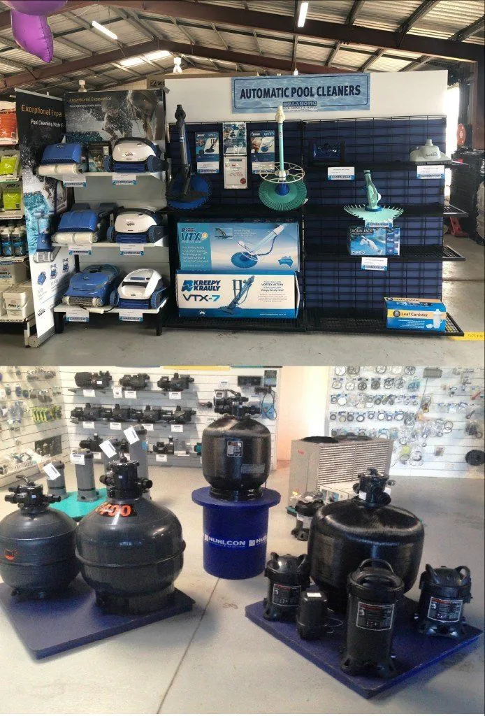 Pool cleaners and filters on display at our Shelly Beach shop